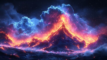 Semiabstract illustration of a volcano erupting with molten lava and ash forming dynamic glowing neon patterns symbolizing the power of Earths geological processes
