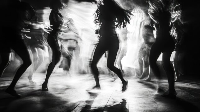 A dynamic black-and-white image capturing people dancing with motion blur effects.