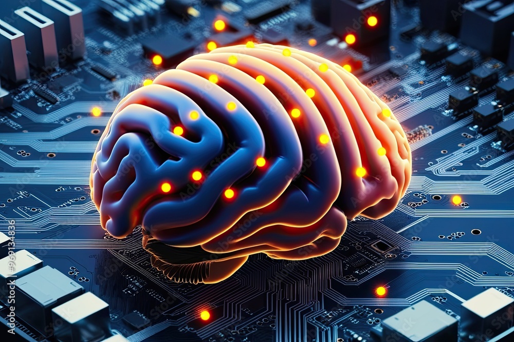 Aufkleber dynamic brain circuit design illustration with vibrant spiral architecture and orange light effects 
