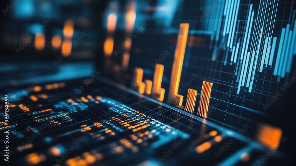 Poster a close-up of a 3d bar chart with rising bars representing financial growth, set against a backdrop 