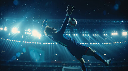 Male football or soccer player at a stadium under floodlights. Young male athlete training, capturing moments of attack, catch, competition, winning, action, motion, and overcoming obstacles.