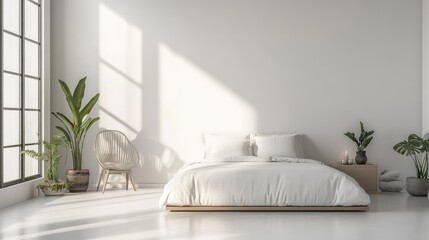 A clean and uncluttered bedroom with a platform bed, white walls, and minimal furniture, accented by a few potted plants and natural light.