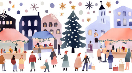 Winter holiday Market. Cartoon Christmas holiday fair illustration isolated on white background. 
