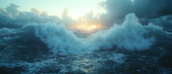 Obraz premium Dramatic Ocean Waves Crashing with Sunset Sky