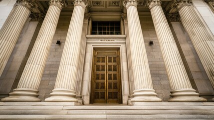 Naklejka premium A grand entrance with tall columns and a wooden door, symbolizing justice and authority.