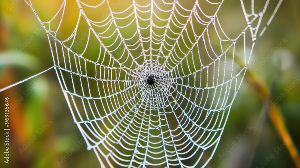 Poster a close-up of a spider web glistening in natural light, showcasing intricate patterns.
