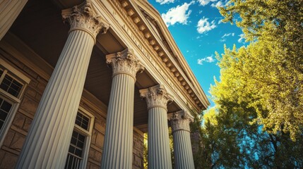 Obraz premium A close-up view of classical columns supporting a grand building under a blue sky.
