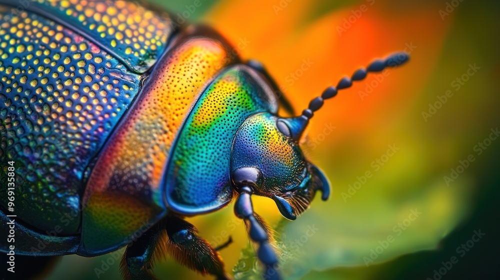 Poster a close-up of a colorful beetle showcasing its iridescent shell and detailed features.