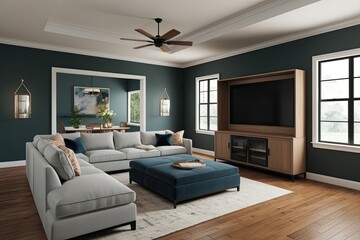3D Visualization of a Large Family Room with Comfortable Sectional Sofa and Entertainment Center