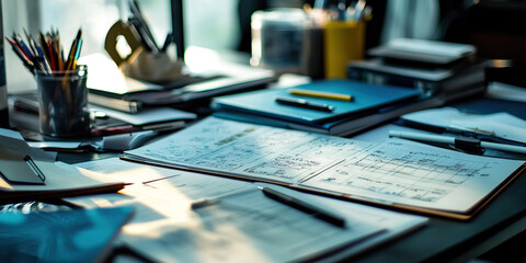 Meticulous Planner's Plan: A neatly arranged desk, covered with notes and diagrams