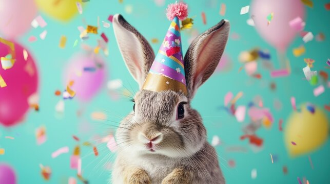 Cute Rabbit Wearing Party Hat in Confetti Filled Background