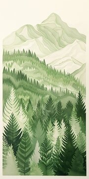Serene Green Forest Watercolor Landscape Painting - Mountain View