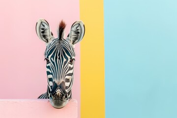 A curious zebra peeks over a colorful wall in a modern artistic setting