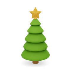 3d vector green Christmas tree with yellow star on top. Simple New year design element isolated on white background.