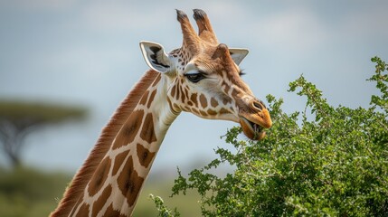 Obraz premium A giraffe munching on leaves in a natural setting.