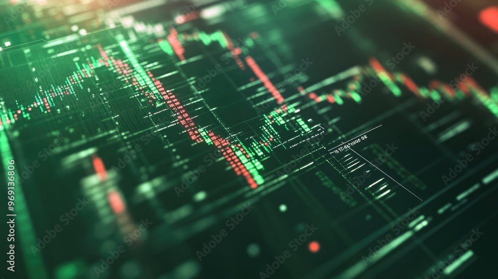 Poster a close-up of a digital stock chart on a computer screen, with green and red candlestick patterns sh
