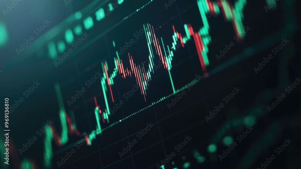Poster a close-up of a digital stock chart on a computer screen, with green and red candlestick patterns sh