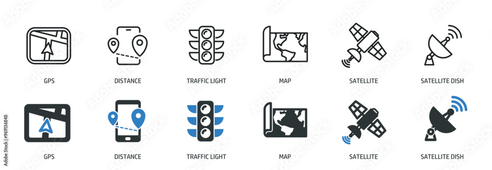 Poster navigation line and glyph solid icons collection. minimal icon and symbol series vector illustration
