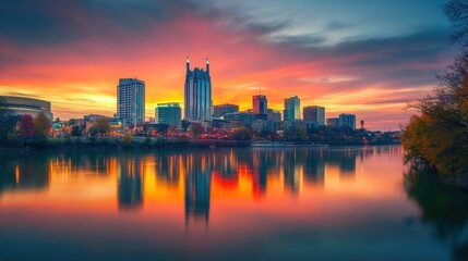 Obraz premium A vibrant sunset over a city skyline reflected in water.