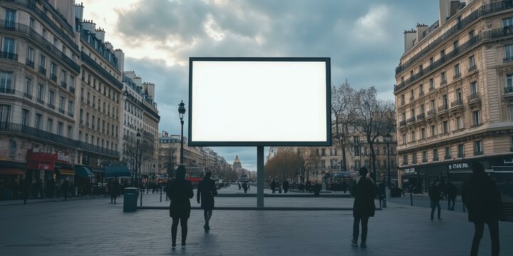 Blank billboard in a Parisian city street.