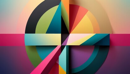 Obraz premium Dynamic geometric abstract art featuring vibrant bold colors and striking shapes. The interplay of circles, triangles, and lines creates a sense of depth and movement, perfect for modern decor.. AI
