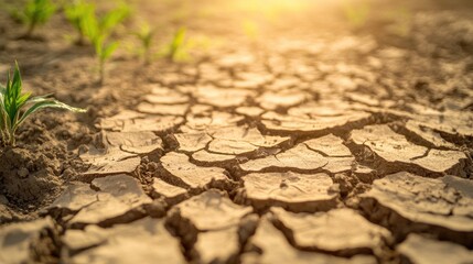 Fototapeta premium A close-up of a dry, cracked earth with parched soil and wilting plants, highlighting the impact of rising temperatures on agriculture and the environment.