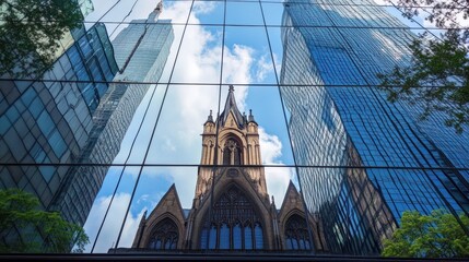 Fototapeta premium A historic church reflected in modern skyscrapers, showcasing architectural contrast.