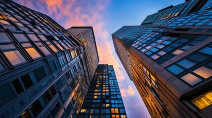 Naklejka premium A dramatic view of tall buildings against a colorful sunset sky.