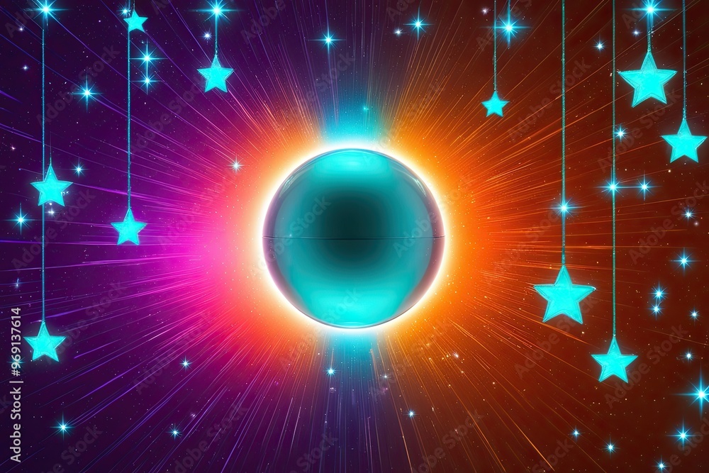 Poster colorful dynamic backdrop with rotating light sphere and sparkling stars in violet orange and turquo
