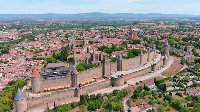 Carcassonne, France: Aerial view of famous French historic city, fortified old town center Cit&eacute; de Carcassonne, summer day with blue sky - landscape panorama of Europe from above
