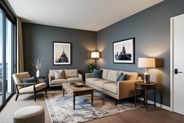 3D Visualization of a Stylish Scandinavian Living Room Featuring Beige Sofa and Vintage Coffee Table in Modern Condo Layout