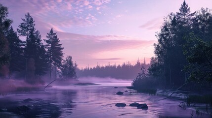 Serene twilight forest river