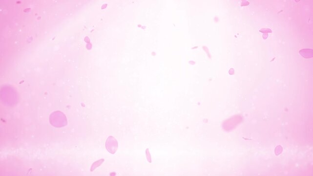 Soft pink background with falling flower petals and gentle light rays. Romantic cherry blossom background with pastel pink petals and bokeh.