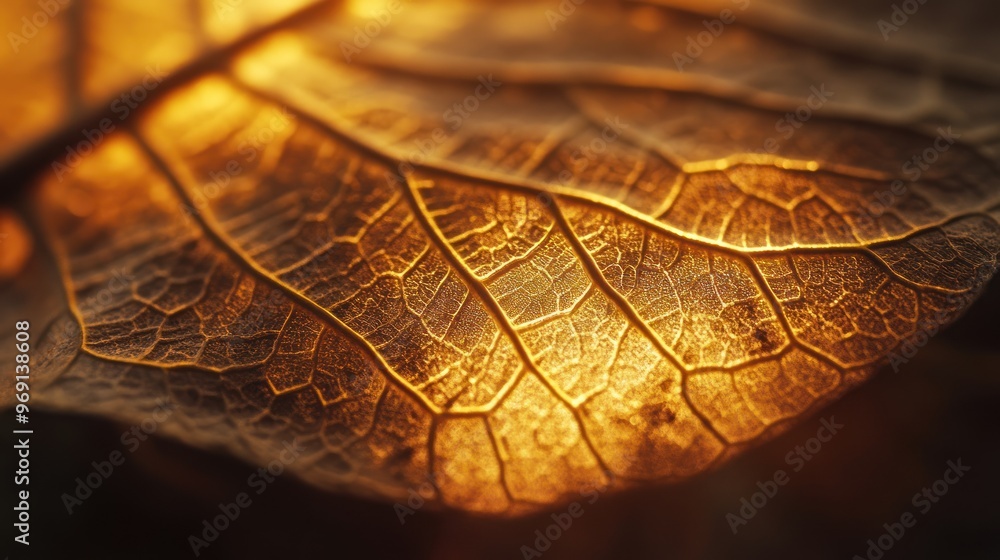 Poster close-up of a backlit leaf showcasing intricate patterns and textures.