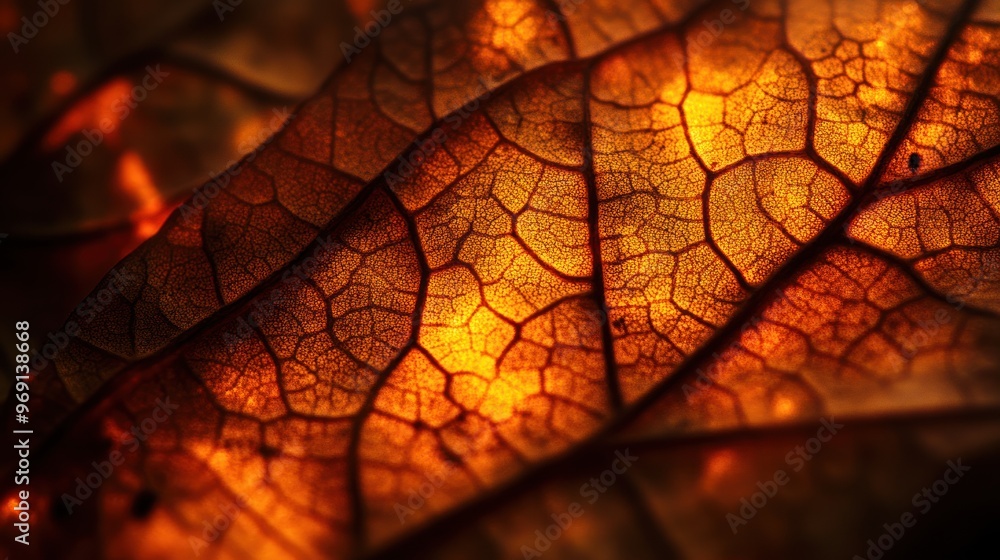 Poster close-up of a translucent leaf illuminated in warm tones, showcasing intricate patterns.