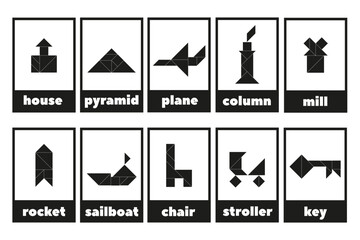 Tangram puzzle for children. Tangram line icons isolated. A set of educational tangram cards with 
objects. Black and white geometric collection.
