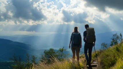 Lovers Couple walking on mountains with camera footage. 4K time lapse virtual video background