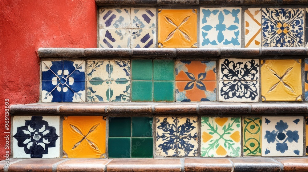Poster colorful tiled staircase showcasing intricate patterns and vibrant colors.