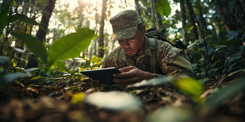 Jungle Crawler: A soldier wearing camouflage gear, using a tablet while lying prone on the ground in a dense forest.