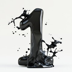 3D number 1 with black ink drop splash texture realistic modern design, soft lighting, white background 