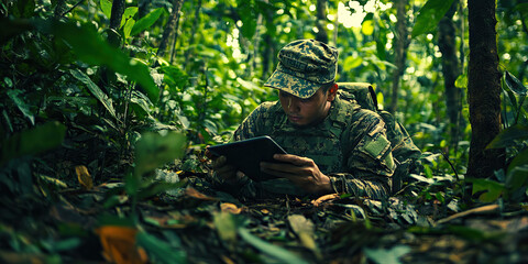 Jungle Crawler: A soldier wearing camouflage gear, using a tablet while lying prone on the ground in a dense forest.