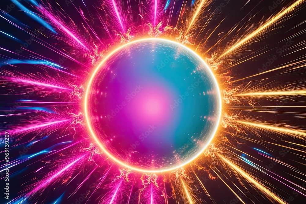 Poster vibrant abstract display of a pulsing spherical light wheel with flaming sparks in fuchsia, turquois