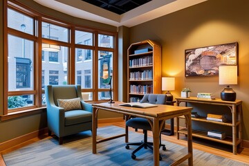 3D Visualization of Cozy Student Study Area Featuring Bamboo Desk Comfortable Armchair and Ambient Lighting