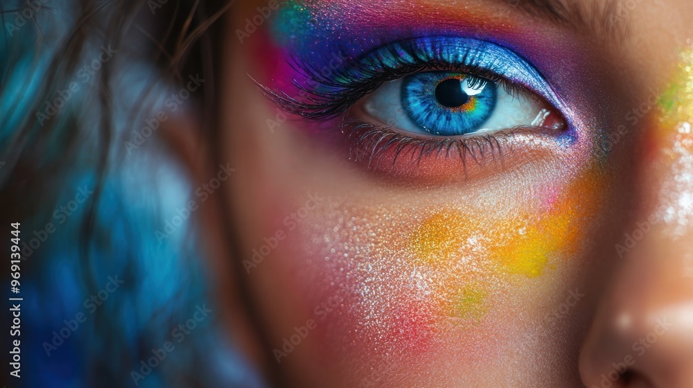 Canvas Prints Close-up of a colorful eye with vibrant makeup and artistic face paint.