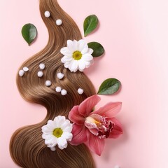 a strait and smooth hair isolated on background for hair care with a shampoo and flowers