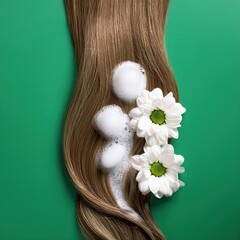 a strait and smooth hair isolated on background for hair care with a shampoo and flowers