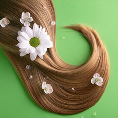 a strait and smooth hair isolated on background for hair care with a shampoo and flowers