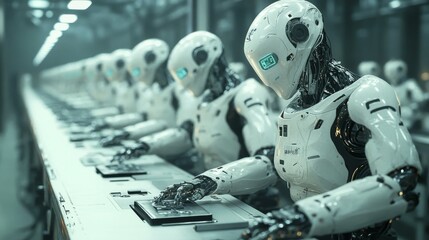 Futuristic human-robot collaboration in industrial work: Humans and robots working together in an advanced factory, assembling high-tech products.