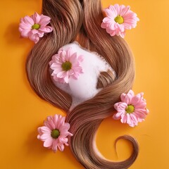 a strait and smooth hair isolated on background for hair care with a shampoo and flowers