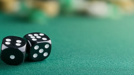 Black and White Dice on Green Felt Gambling Table Background